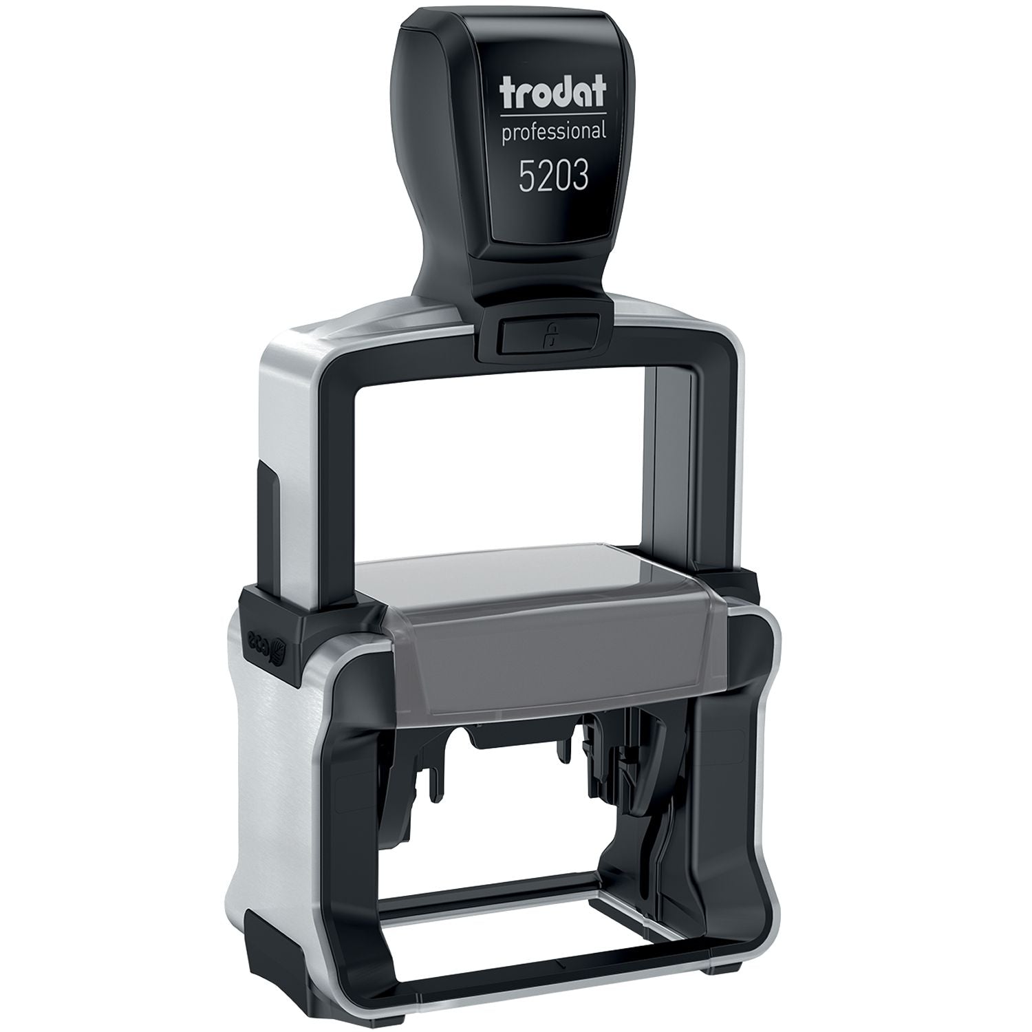 Custom Self Inking Stamp Trodat 5203 Size 1-5/8 x 2, black and silver, with trodat professional 5203 text on the handle.