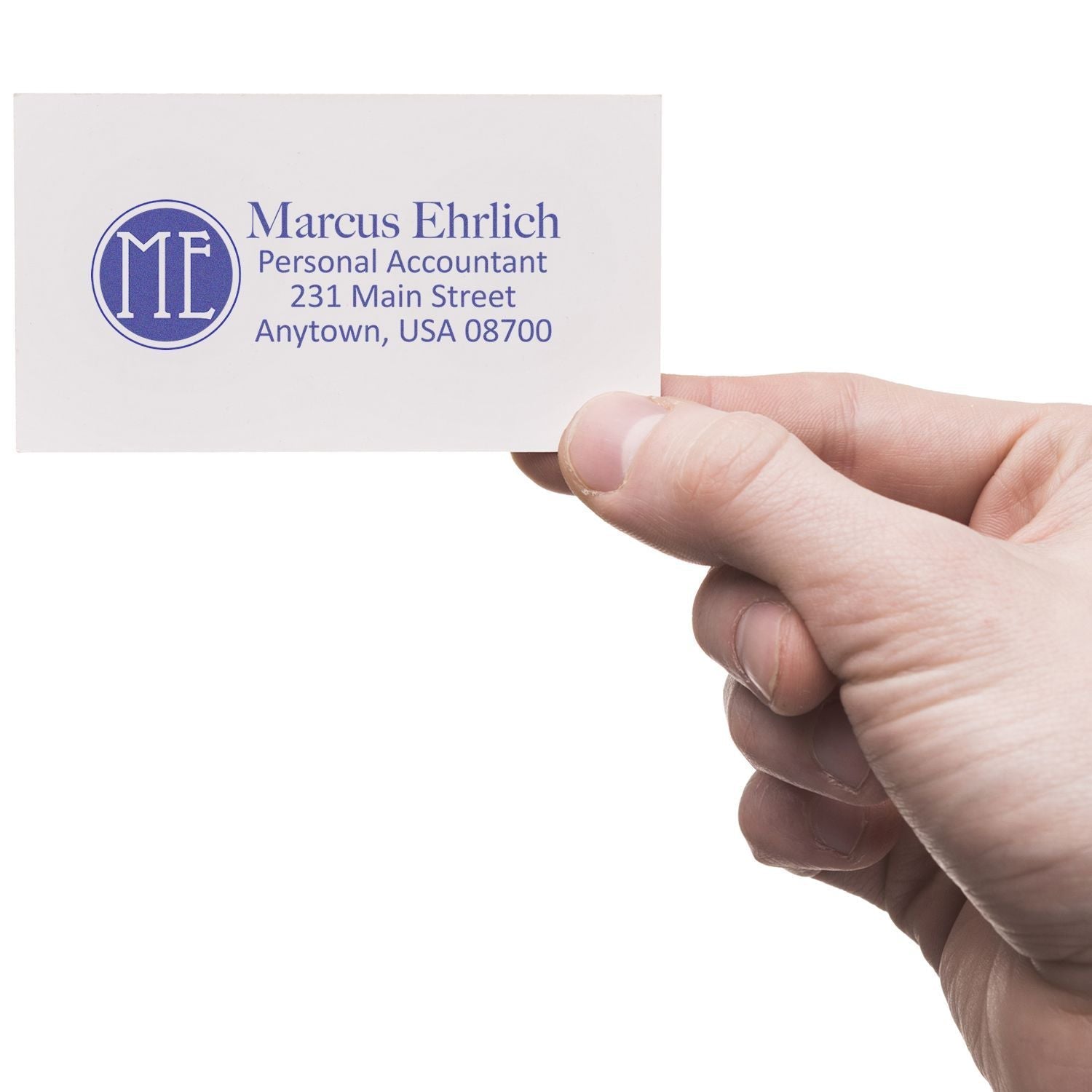 A hand holding a business card stamped with Marcus Ehrlich, Personal Accountant using a Custom Rubber Stamp Size 1 x 2.