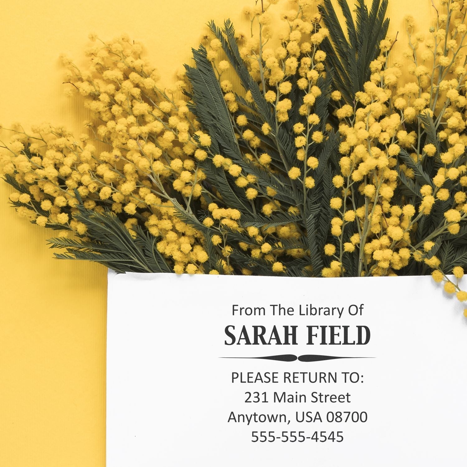 Custom Rubber Stamp Size 3 x 3 used on a white envelope with yellow flowers in the background, displaying a return address and name.