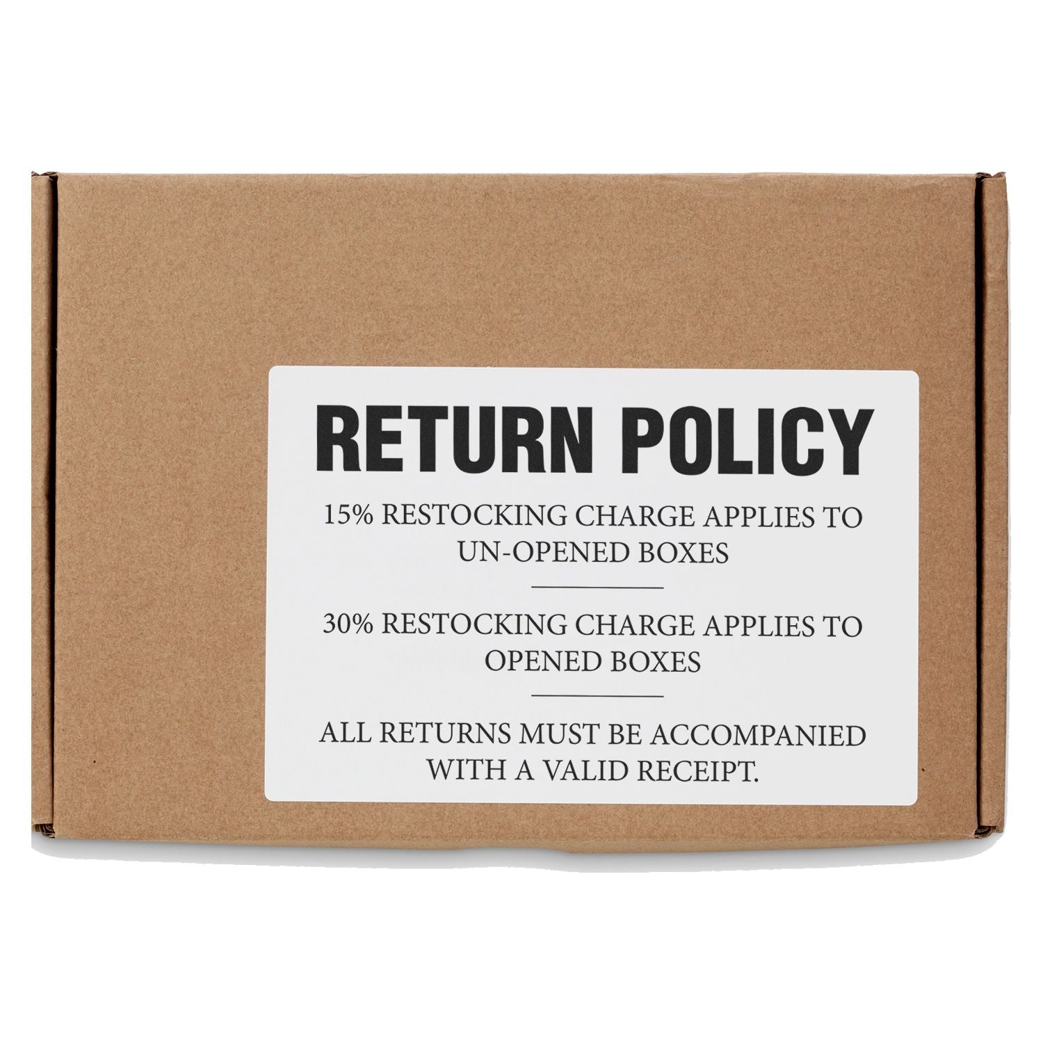 A cardboard box stamped with RETURN POLICY using the Custom Self Inking Stamp Trodat 5208 Size 2 x 2-3/4.