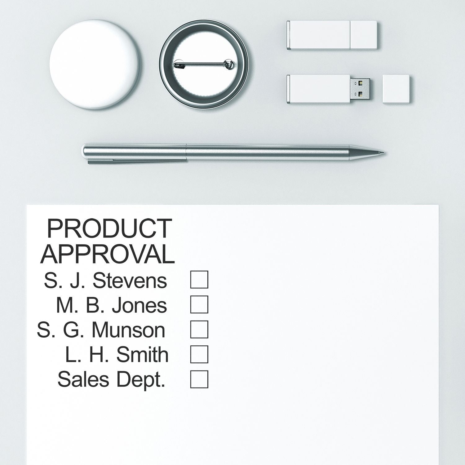 Custom Rubber Stamp Size 3 x 3 used on a paper with a checklist of names and departments, surrounded by office supplies.