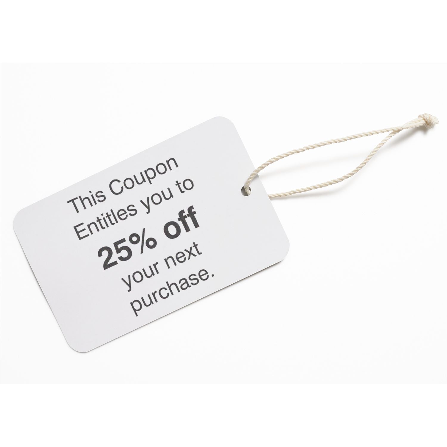 A white coupon tag with text This Coupon Entitles you to 25% off your next purchase stamped using Custom Self Inking Stamp Trodat 5206 Size 1-5/16 x 2-1/4.