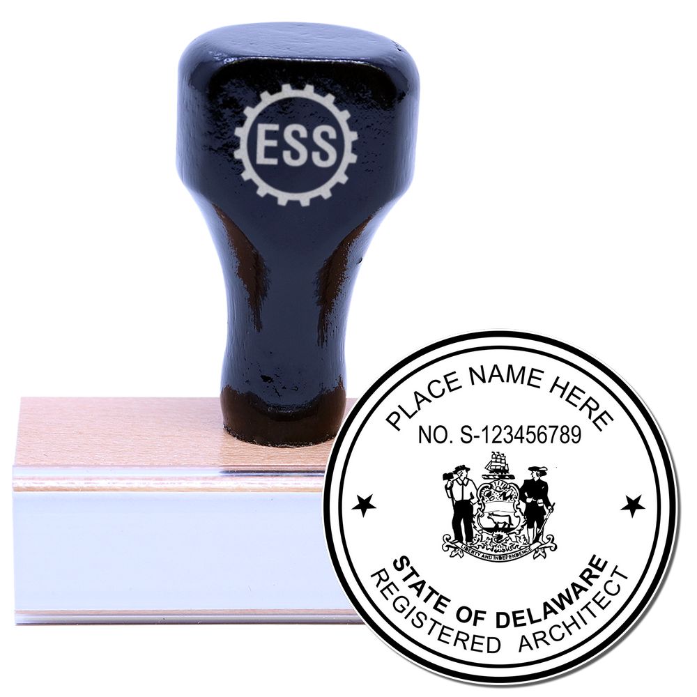 Delaware Architect Seal Stamp with wooden handle and rubber base, featuring the official state seal for registered architects.