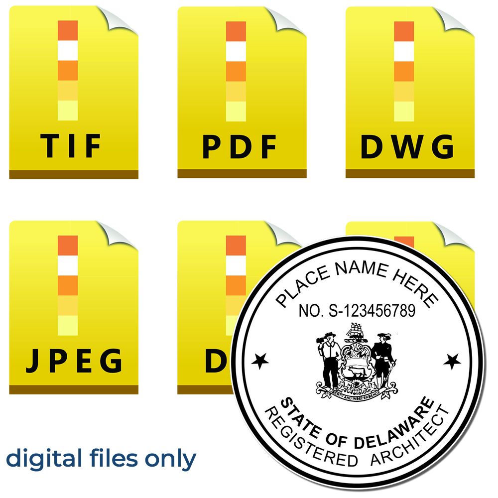 Digital Delaware Architect Stamp, Electronic Seal for Delaware Architect, available in TIF, PDF, DWG, JPEG, and DXF formats.