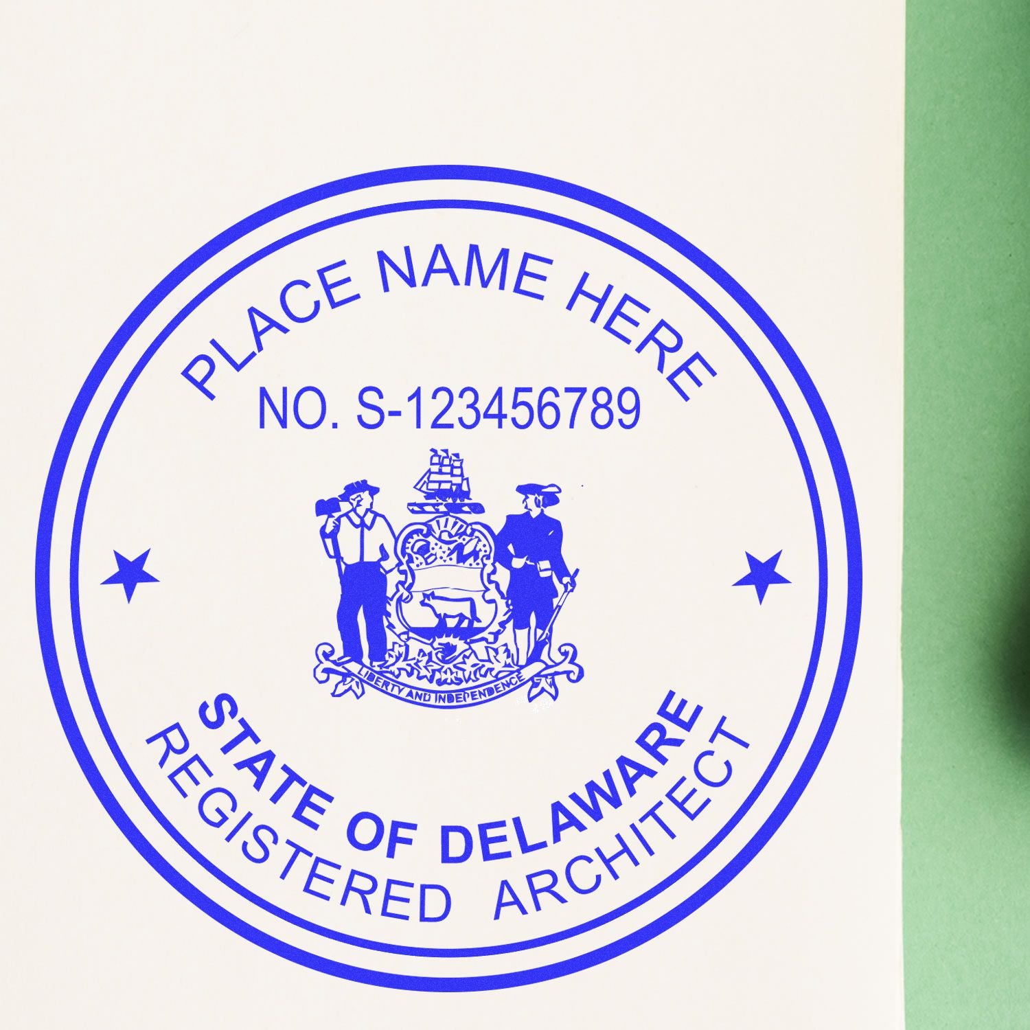 Digital Delaware Architect Stamp, Electronic Seal for Delaware Architect, blue circular design with state emblem and customizable name and number.