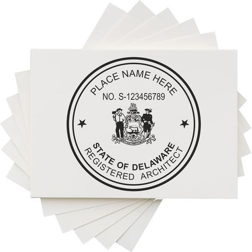 Premium MaxLight Pre-Inked Delaware Architectural Stamp with customizable text, featuring the state seal and "Registered Architect" designation.