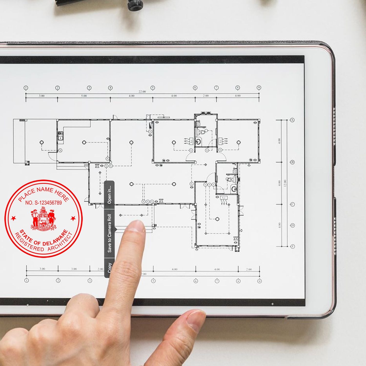 The Slim Pre-Inked Delaware Architect Seal Stamp stamp impression comes to life with a crisp, detailed photo on paper - showcasing true professional quality.