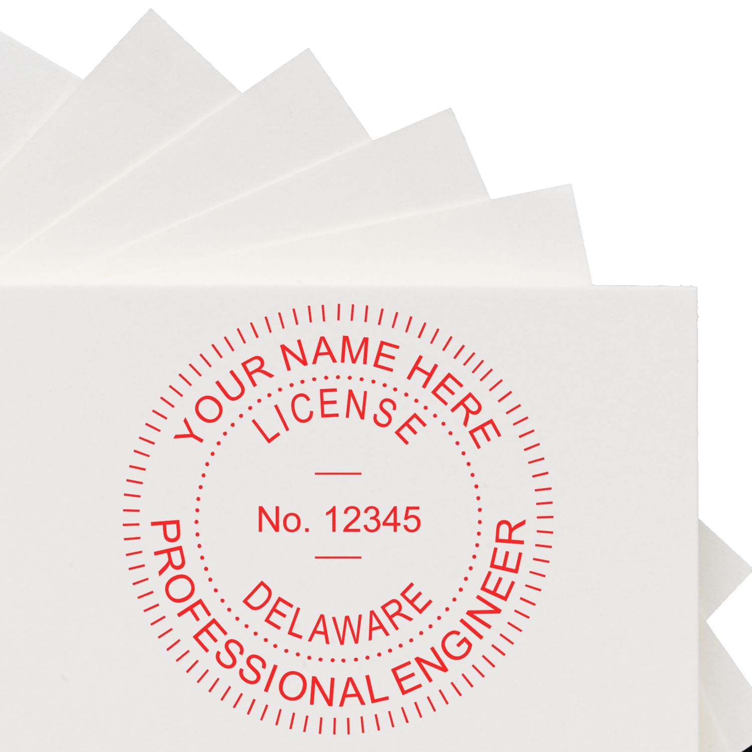 A photograph of the Premium MaxLight Pre-Inked Delaware Engineering Stamp stamp impression reveals a vivid, professional image of the on paper.