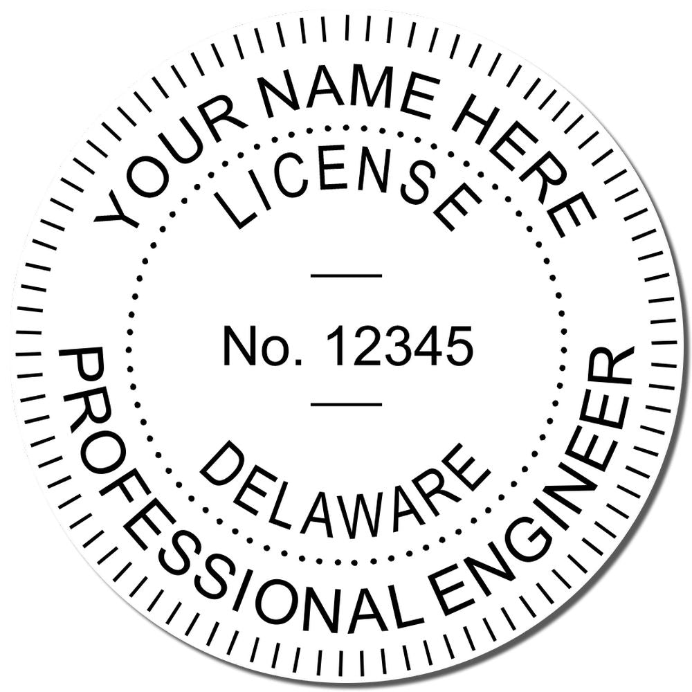 A photograph of the Self-Inking Delaware PE Stamp stamp impression reveals a vivid, professional image of the on paper.