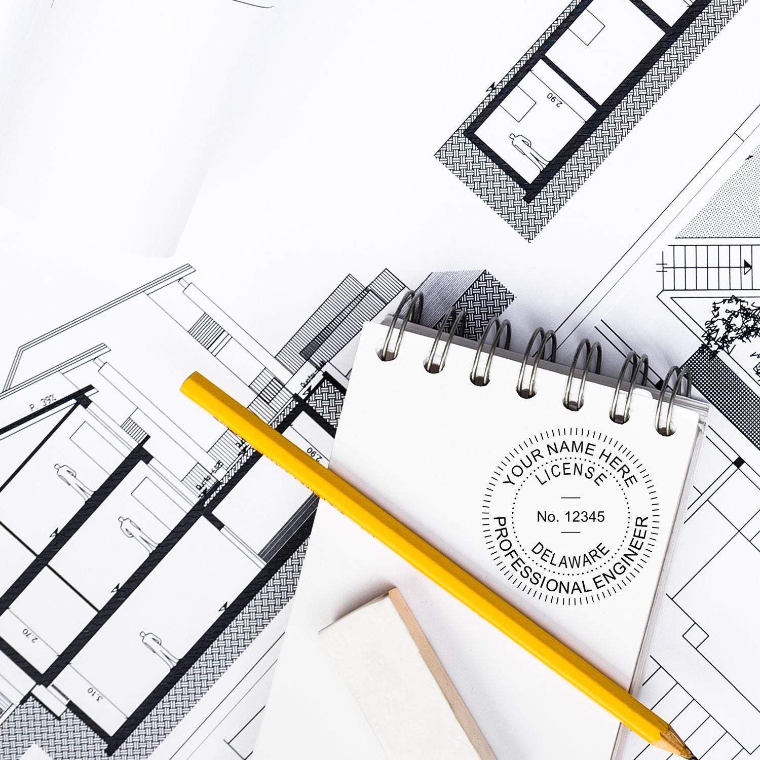 This paper is stamped with a sample imprint of the Digital Delaware PE Stamp and Electronic Seal for Delaware Engineer, signifying its quality and reliability.