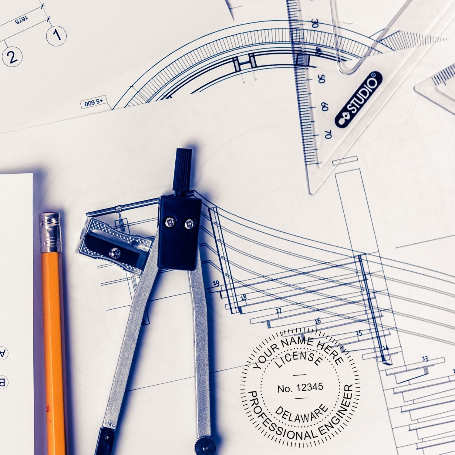 Another Example of a stamped impression of the Digital Delaware PE Stamp and Electronic Seal for Delaware Engineer on a piece of office paper.