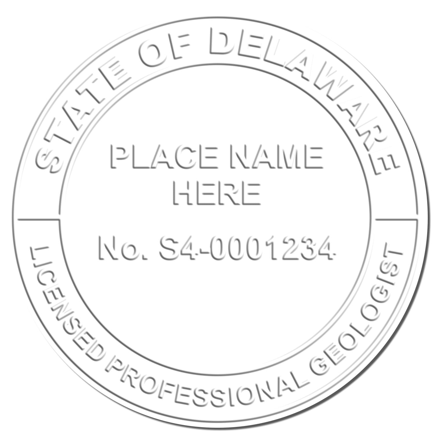 The Delaware Geologist Desk Seal stamp impression comes to life with a crisp, detailed image stamped on paper - showcasing true professional quality.