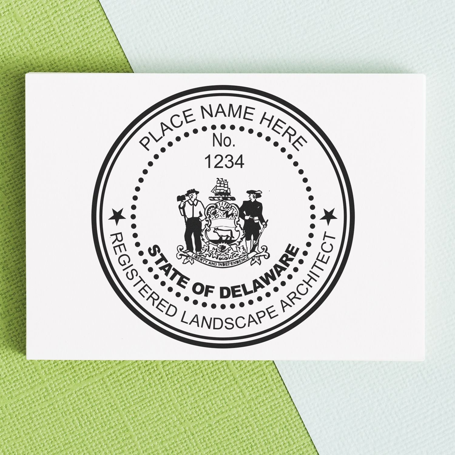 A stamped impression of the Self-Inking Delaware Landscape Architect Stamp in this stylish lifestyle photo, setting the tone for a unique and personalized product.