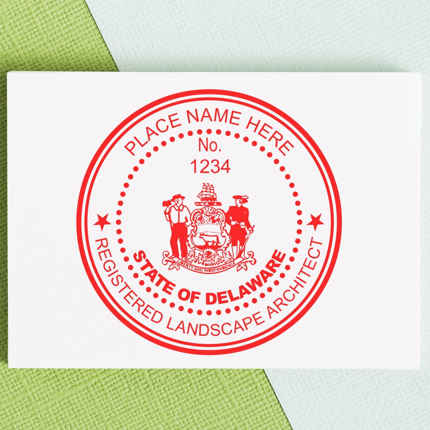 An alternative view of the Premium MaxLight Pre-Inked Delaware Landscape Architectural Stamp stamped on a sheet of paper showing the image in use