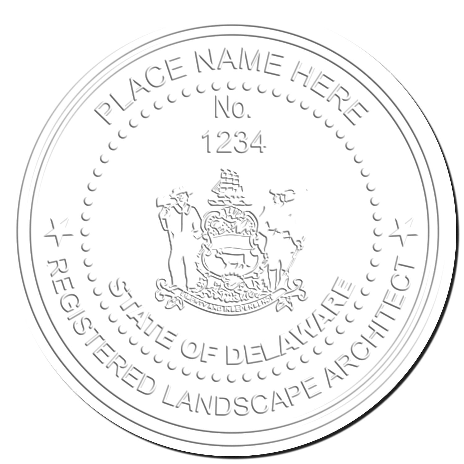 This paper is stamped with a sample imprint of the State of Delaware Extended Long Reach Landscape Architect Seal Embosser, signifying its quality and reliability.