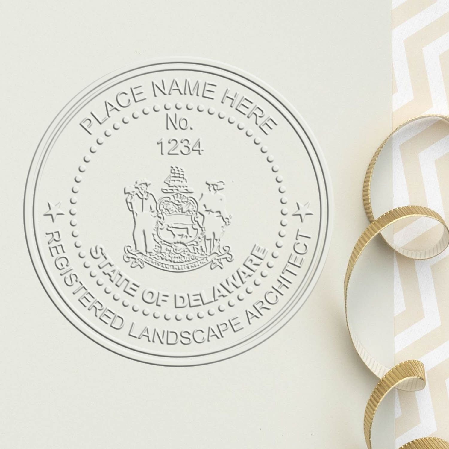 A stamped impression of the State of Delaware Extended Long Reach Landscape Architect Seal Embosser in this stylish lifestyle photo, setting the tone for a unique and personalized product.