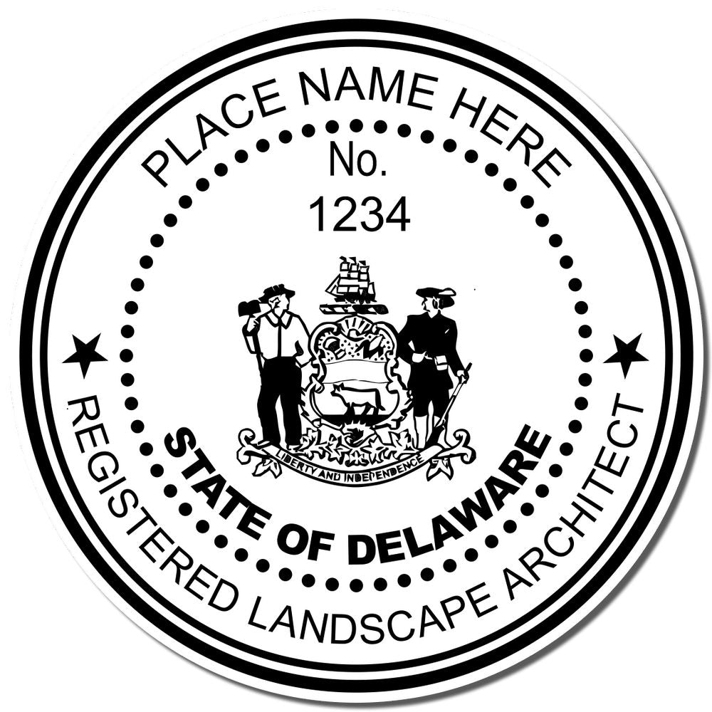An alternative view of the Delaware Landscape Architectural Seal Stamp stamped on a sheet of paper showing the image in use