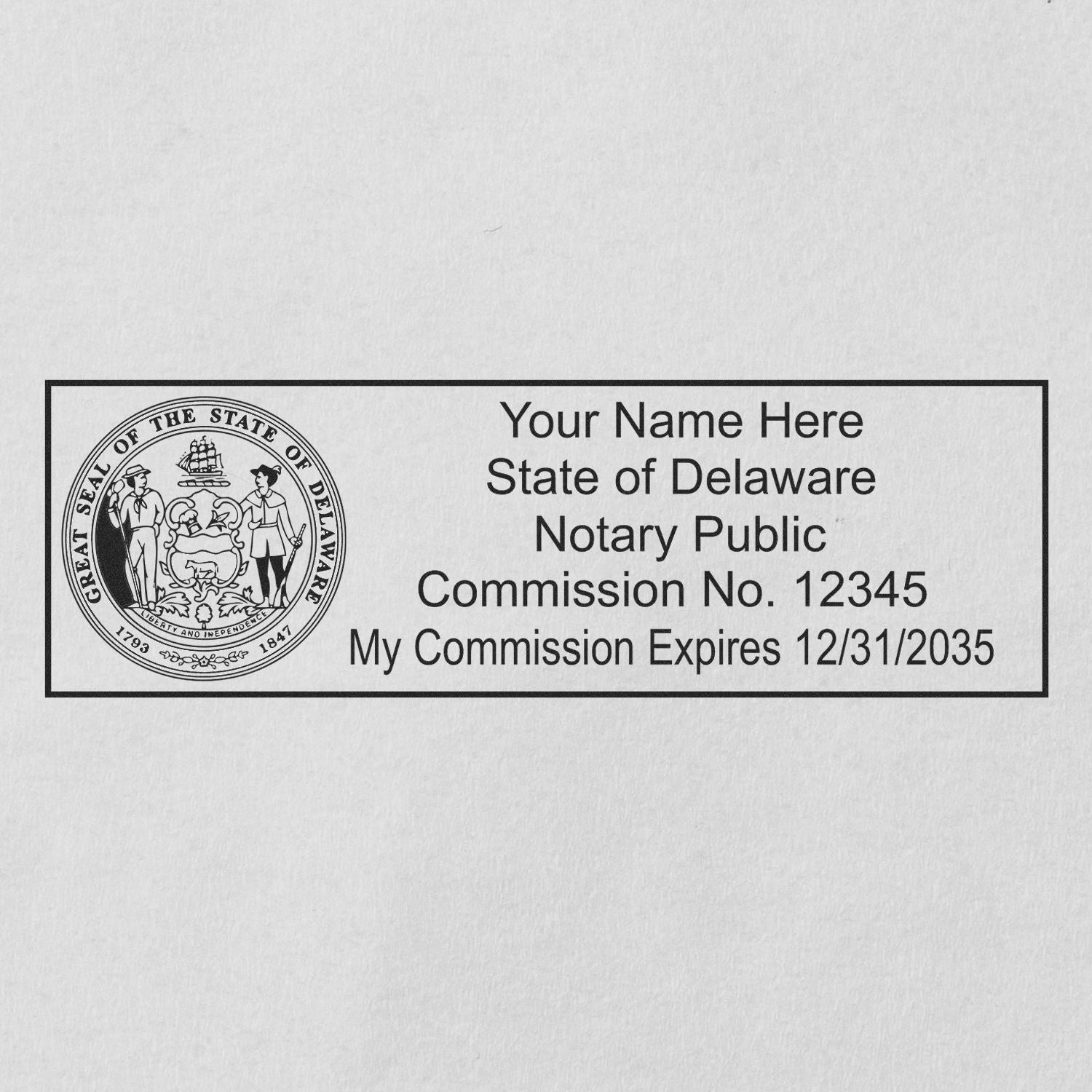 A lifestyle photo showing a stamped image of the Wooden Handle Delaware State Seal Notary Public Stamp on a piece of paper