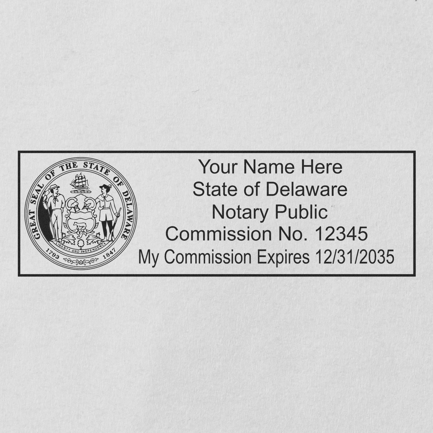 This paper is stamped with a sample imprint of the Slim Pre-Inked State Seal Notary Stamp for Delaware, signifying its quality and reliability.