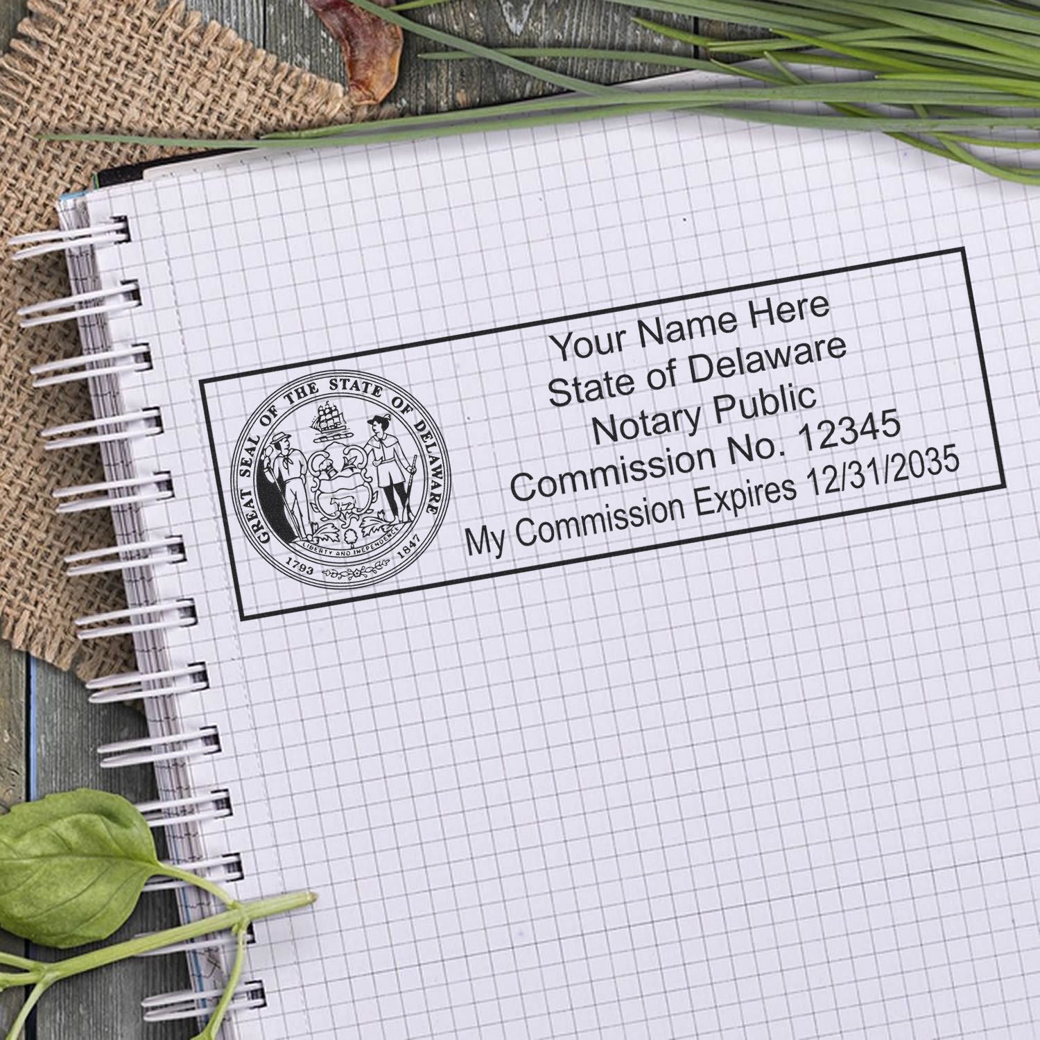 The Self-Inking State Seal Delaware Notary Stamp stamp impression comes to life with a crisp, detailed photo on paper - showcasing true professional quality.