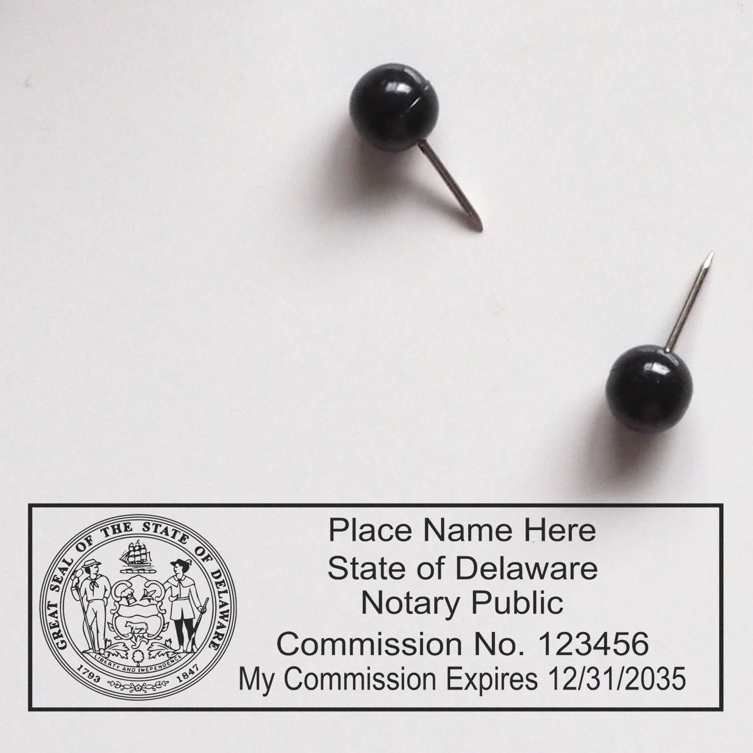 Another Example of a stamped impression of the Self-Inking State Seal Delaware Notary Stamp on a piece of office paper.
