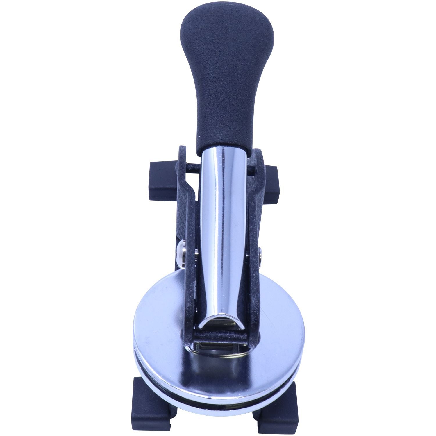 Professional Engineer Desk Seal Embosser with a black handle and a metallic round base, designed for creating embossed imprints on documents, shown from an angled front view.