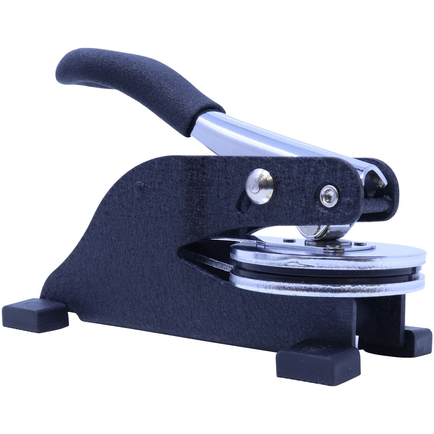 Professional Engineer Desk Seal Embosser with a black handle and metal components, angled left view, designed for creating embossed imprints on documents.