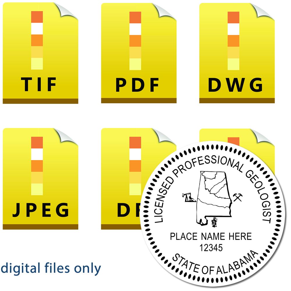 The main image for the Digital Alabama Geologist Stamp, Electronic Seal for Alabama Geologist depicting a sample of the imprint and imprint sample