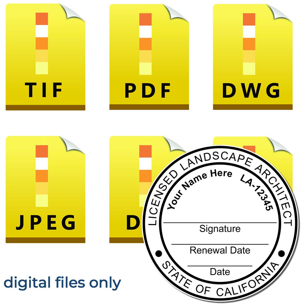 The main image for the Digital California Landscape Architect Stamp depicting a sample of the imprint and electronic files