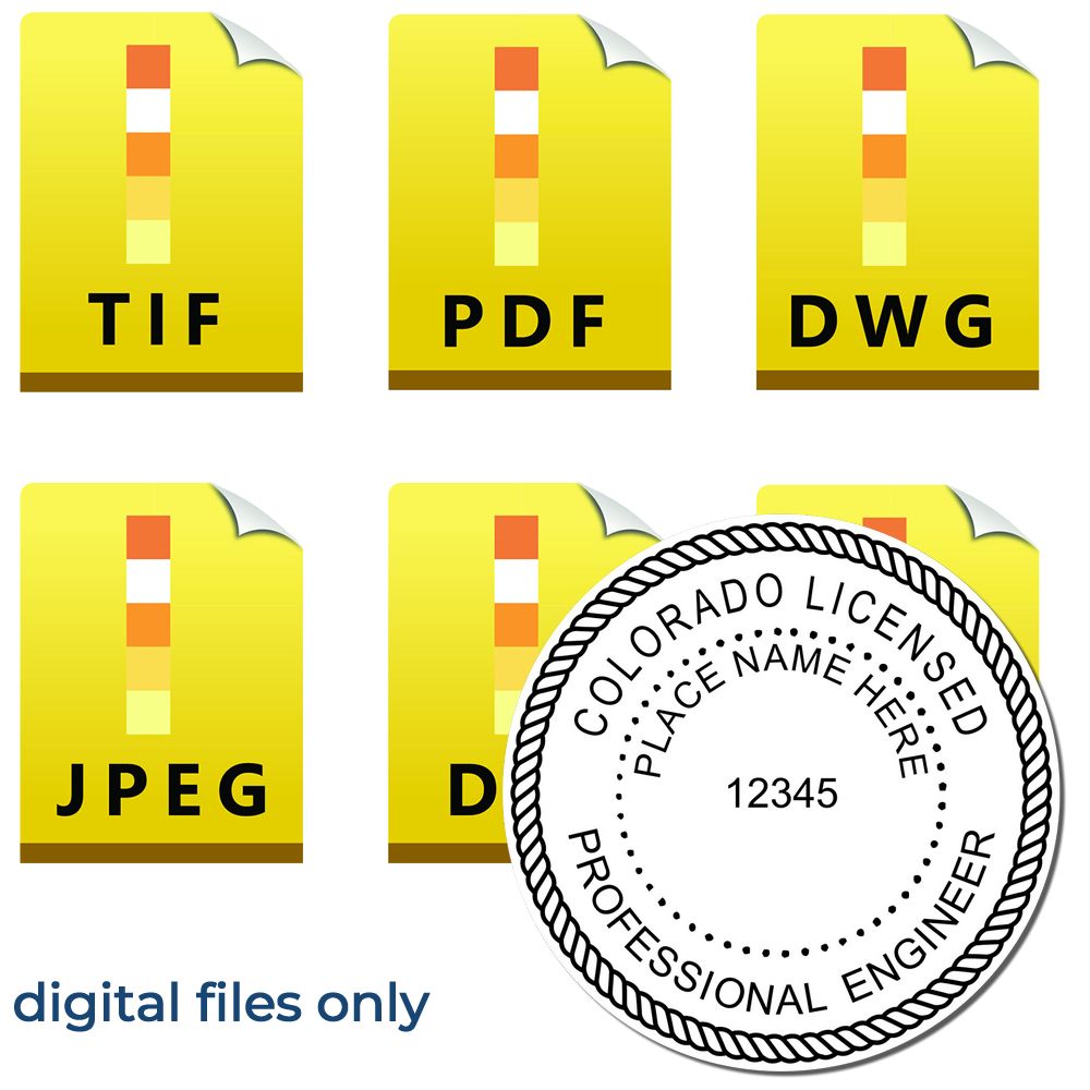 The main image for the Digital Colorado PE Stamp and Electronic Seal for Colorado Engineer depicting a sample of the imprint and electronic files