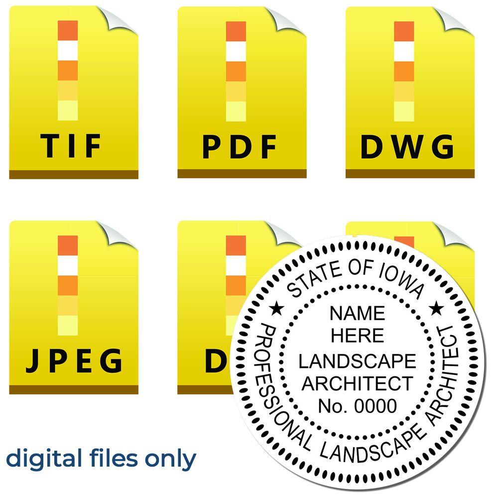 The main image for the Digital Iowa Landscape Architect Stamp depicting a sample of the imprint and electronic files