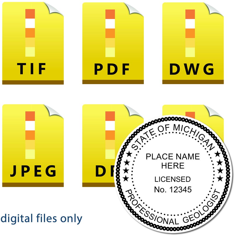 The main image for the Digital Michigan Geologist Stamp, Electronic Seal for Michigan Geologist depicting a sample of the imprint and imprint sample