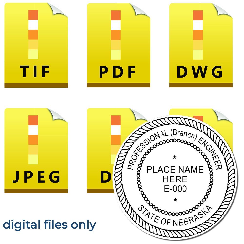 The main image for the Digital Nebraska PE Stamp and Electronic Seal for Nebraska Engineer depicting a sample of the imprint and electronic files