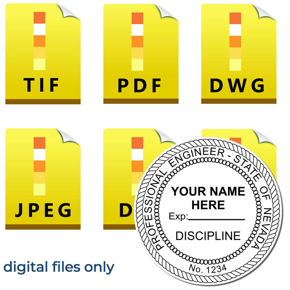 The main image for the Digital Nevada PE Stamp and Electronic Seal for Nevada Engineer depicting a sample of the imprint and electronic files