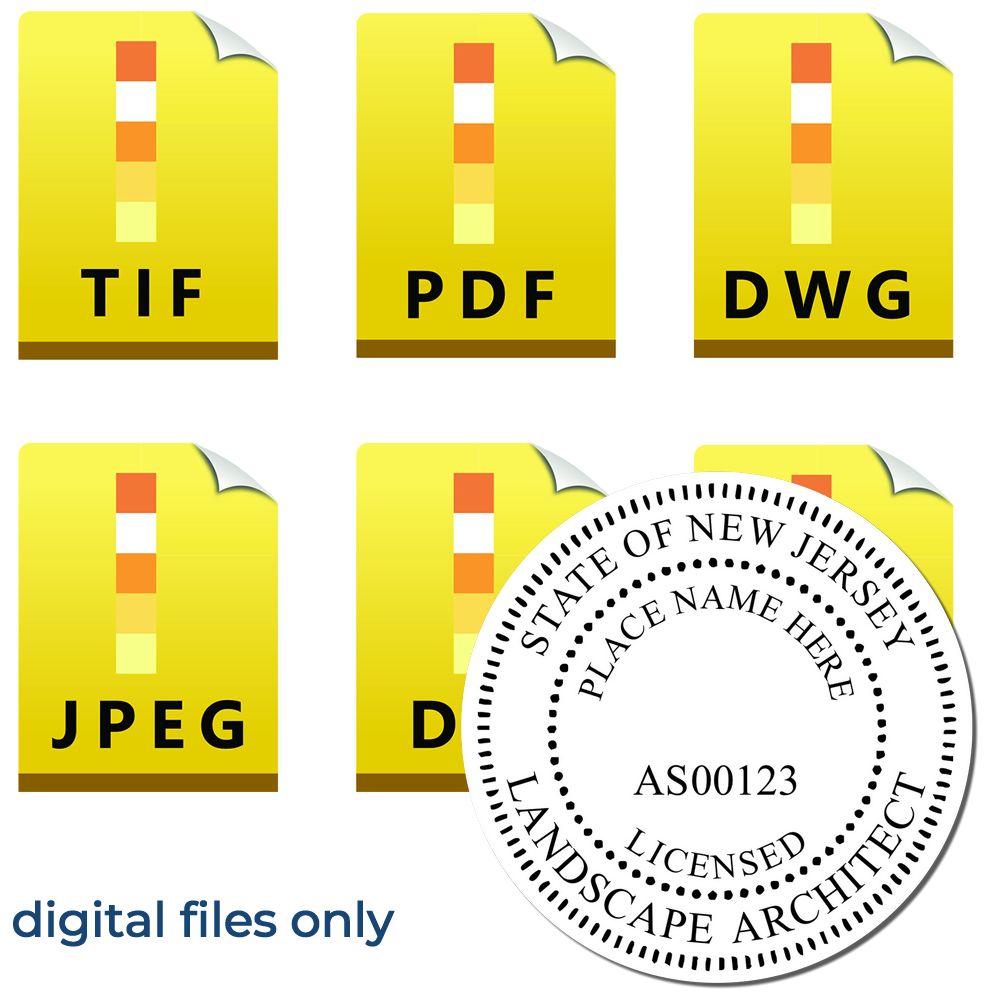 The main image for the Digital New Jersey Landscape Architect Stamp depicting a sample of the imprint and electronic files