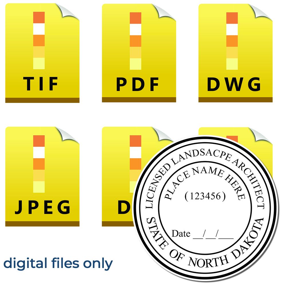 The main image for the Digital North Dakota Landscape Architect Stamp depicting a sample of the imprint and electronic files