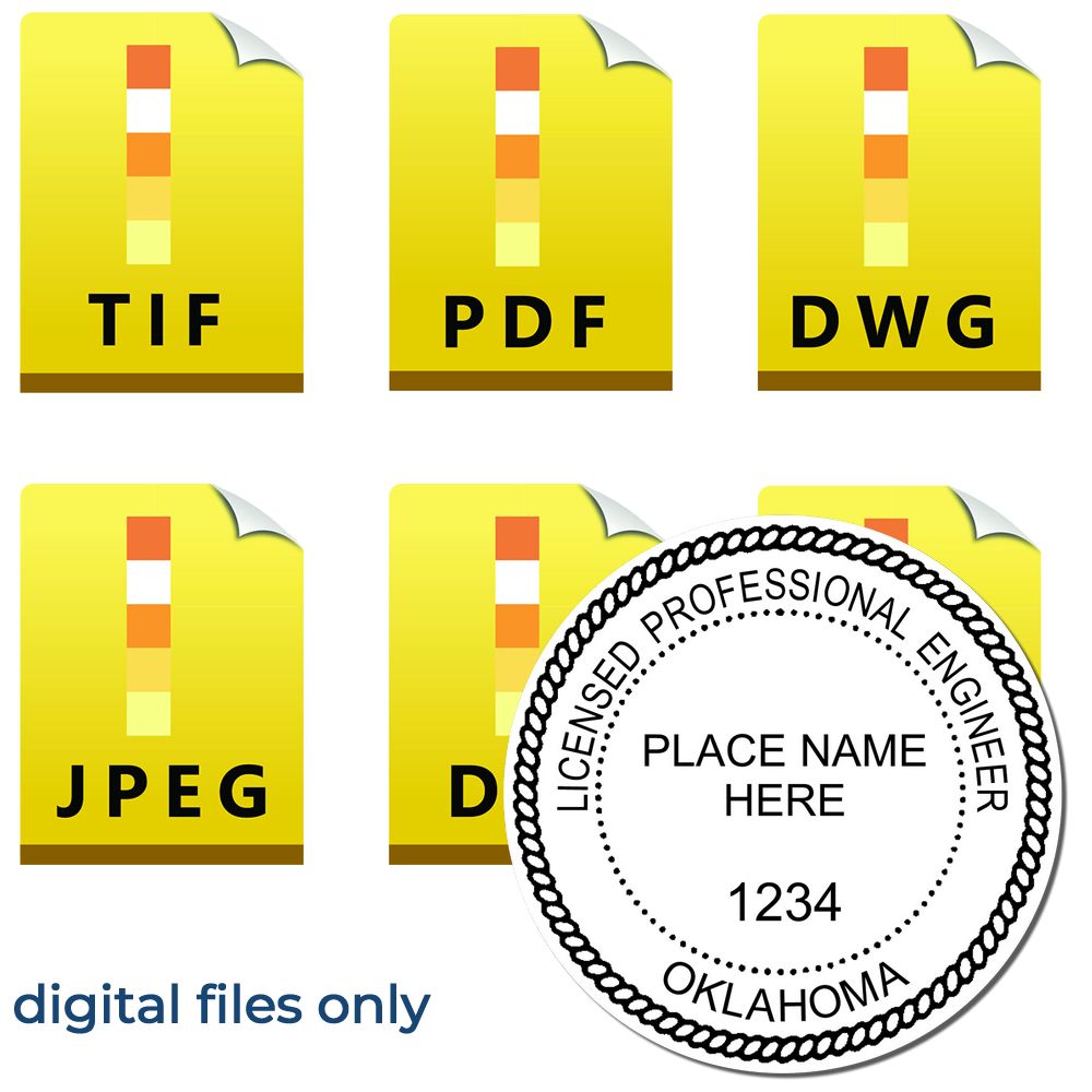 The main image for the Digital Oklahoma PE Stamp and Electronic Seal for Oklahoma Engineer depicting a sample of the imprint and electronic files