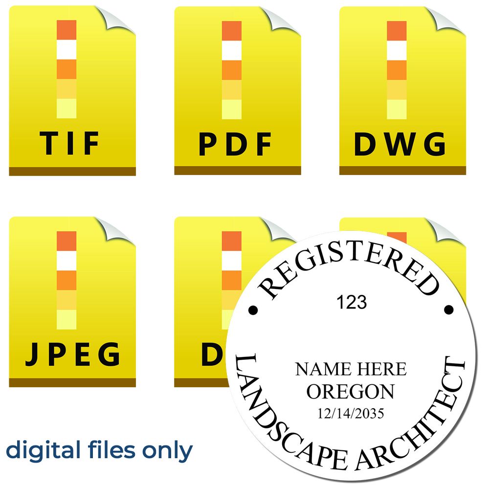 The main image for the Digital Oregon Landscape Architect Stamp depicting a sample of the imprint and electronic files