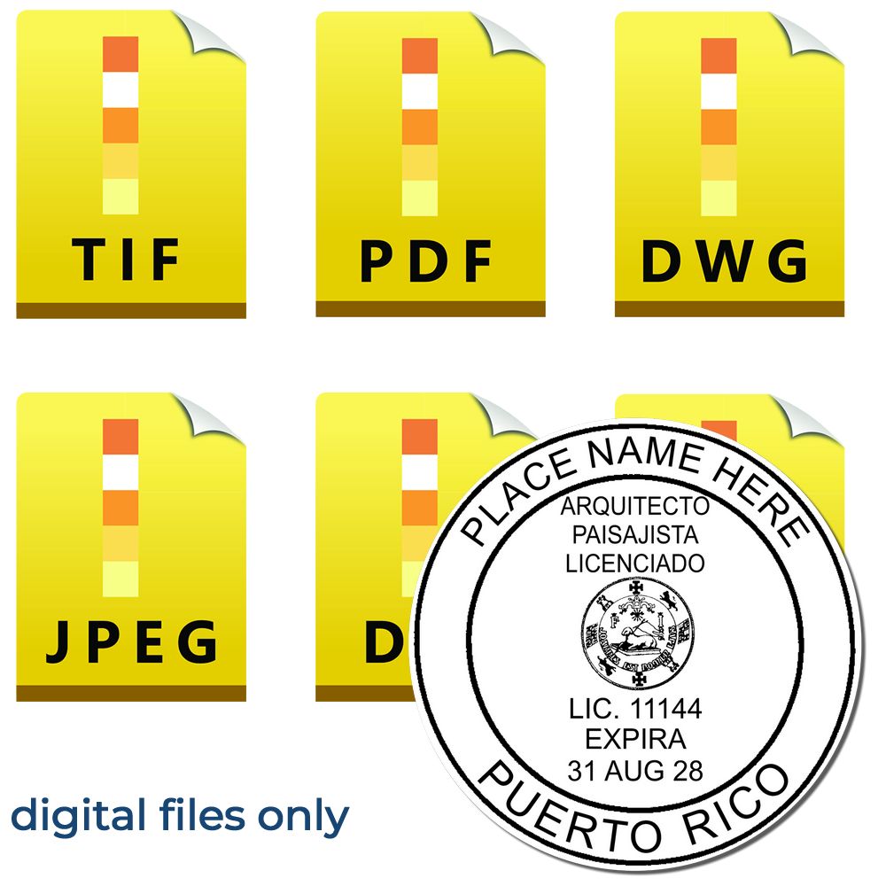 The main image for the Digital Puerto Rico Landscape Architect Stamp depicting a sample of the imprint and electronic files