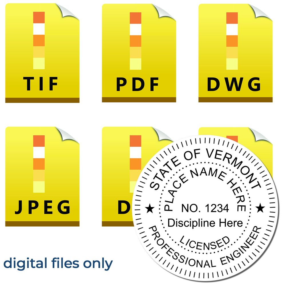 The main image for the Digital Vermont PE Stamp and Electronic Seal for Vermont Engineer depicting a sample of the imprint and electronic files