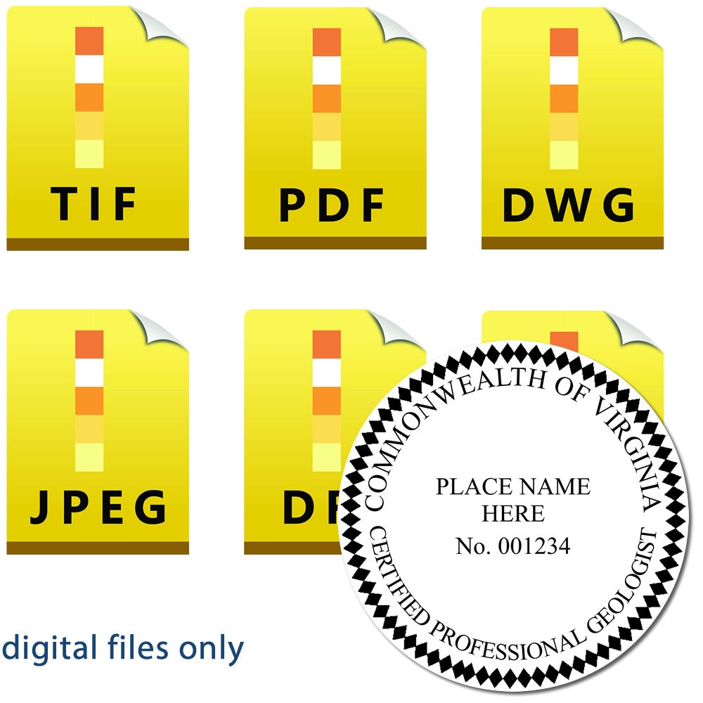 The main image for the Digital Virginia Geologist Stamp, Electronic Seal for Virginia Geologist depicting a sample of the imprint and imprint sample