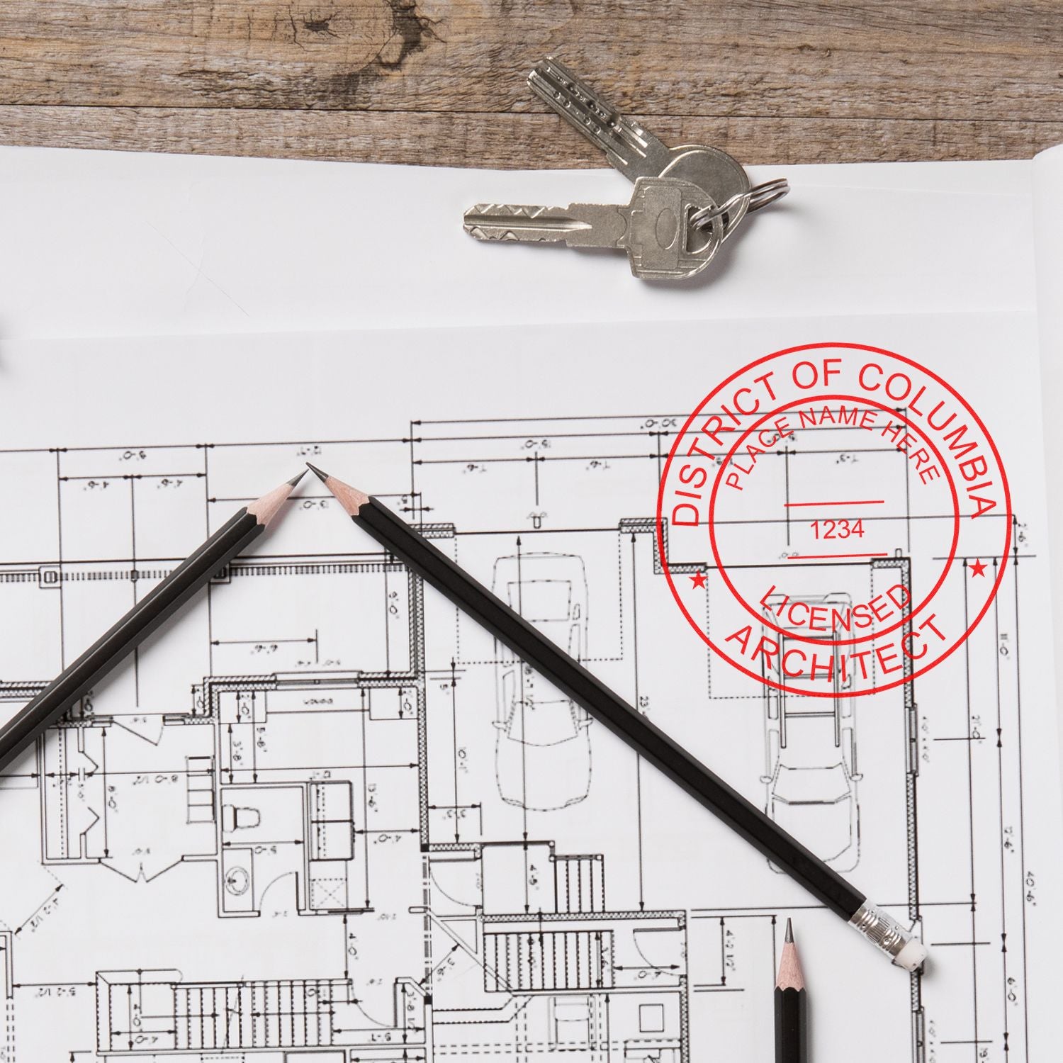 Self Inking District of Columbia Architect Stamp on architectural blueprint with pencils and keys on a wooden table.