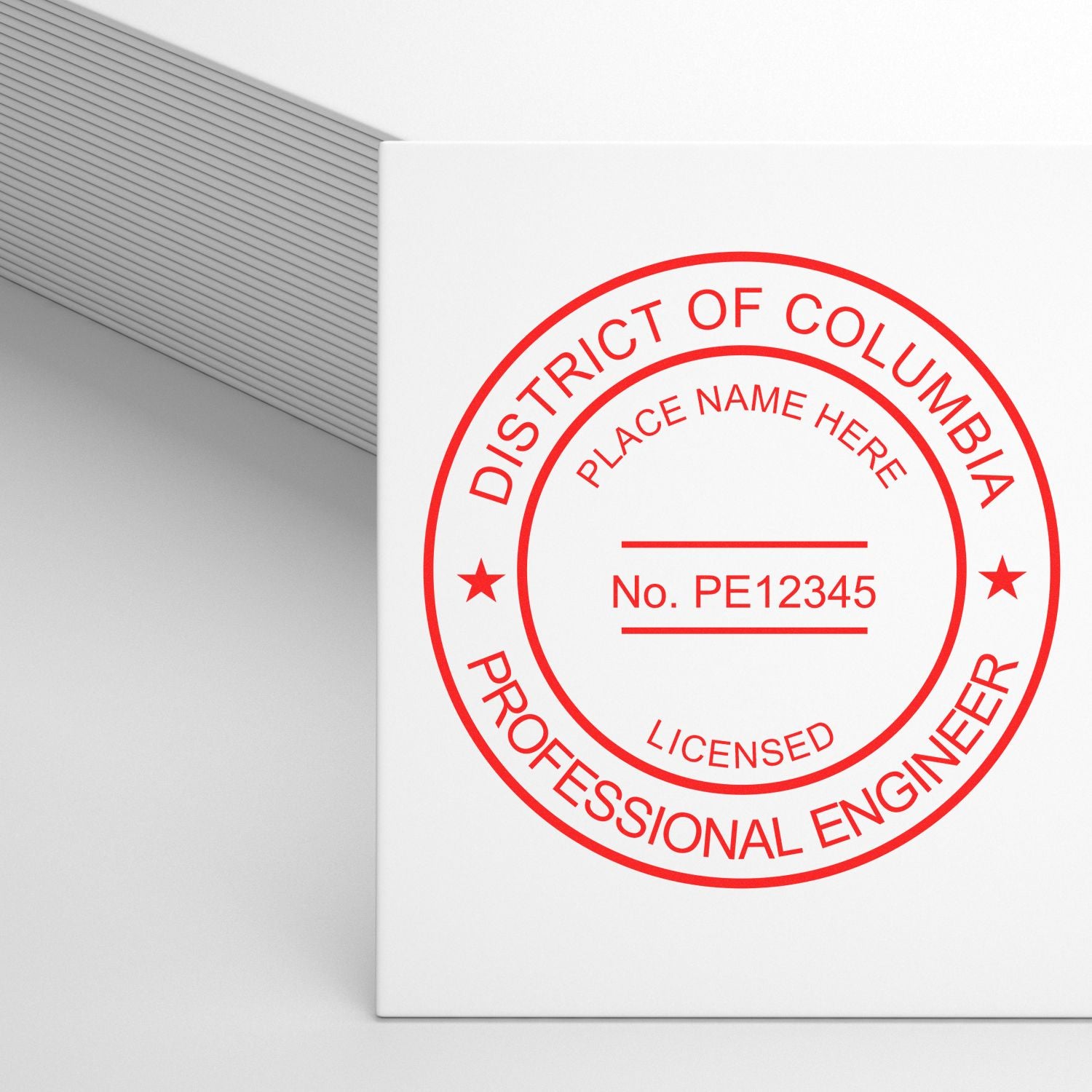 A photograph of the Slim Pre-Inked District of Columbia Professional Engineer Seal Stamp stamp impression reveals a vivid, professional image of the on paper.