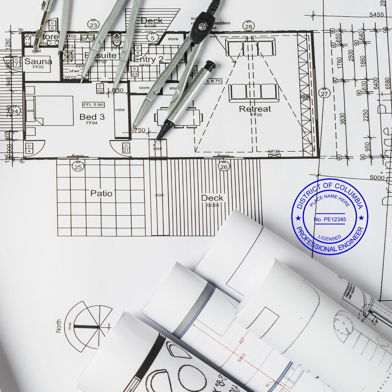 An alternative view of the Digital District of Columbia PE Stamp and Electronic Seal for District of Columbia Engineer stamped on a sheet of paper showing the image in use