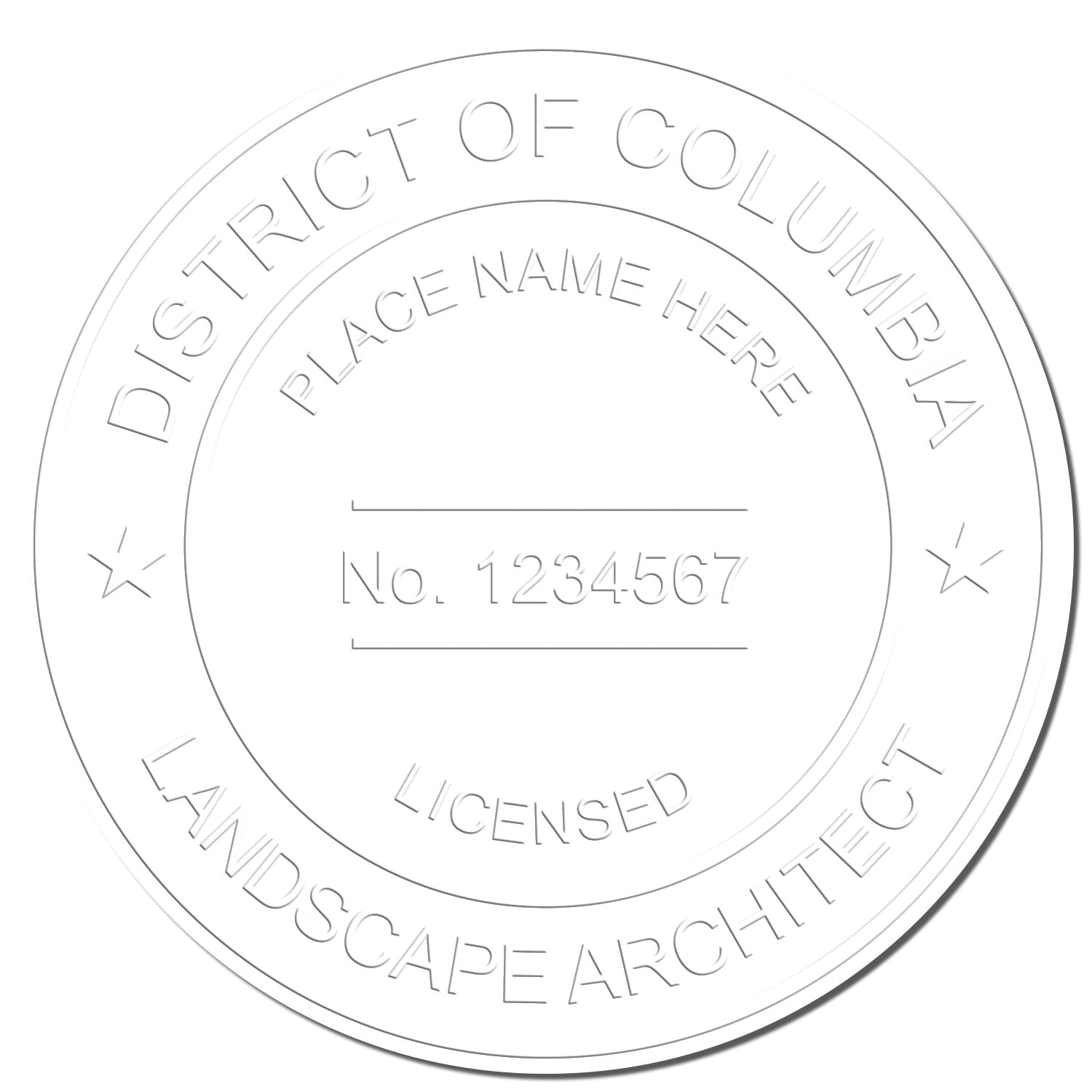 This paper is stamped with a sample imprint of the District of Columbia Desk Landscape Architectural Seal Embosser, signifying its quality and reliability.