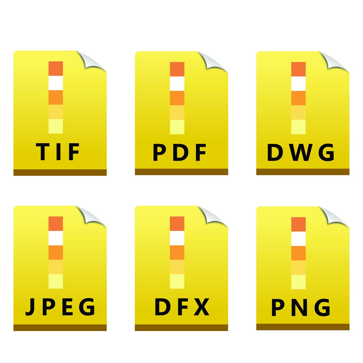 Image showing six yellow file icons labeled TIF, PDF, DWG, JPEG, DFX, and PNG, representing different file formats for the Professional Engineer eSeal Electronic Image Stamp of Seal.