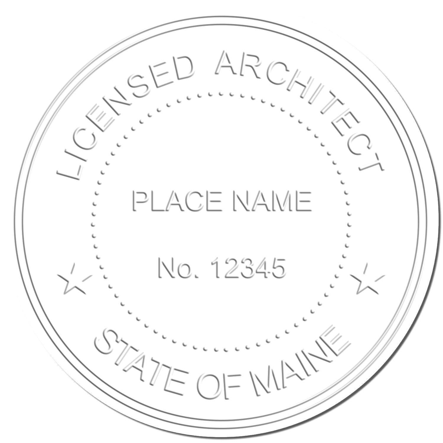 Image of an embossed seal created by the Architect Desk Seal Embosser, displaying 'Licensed Architect' and 'State of Maine' with placeholders for 'Place Name' and 'No. 12345' in the center.