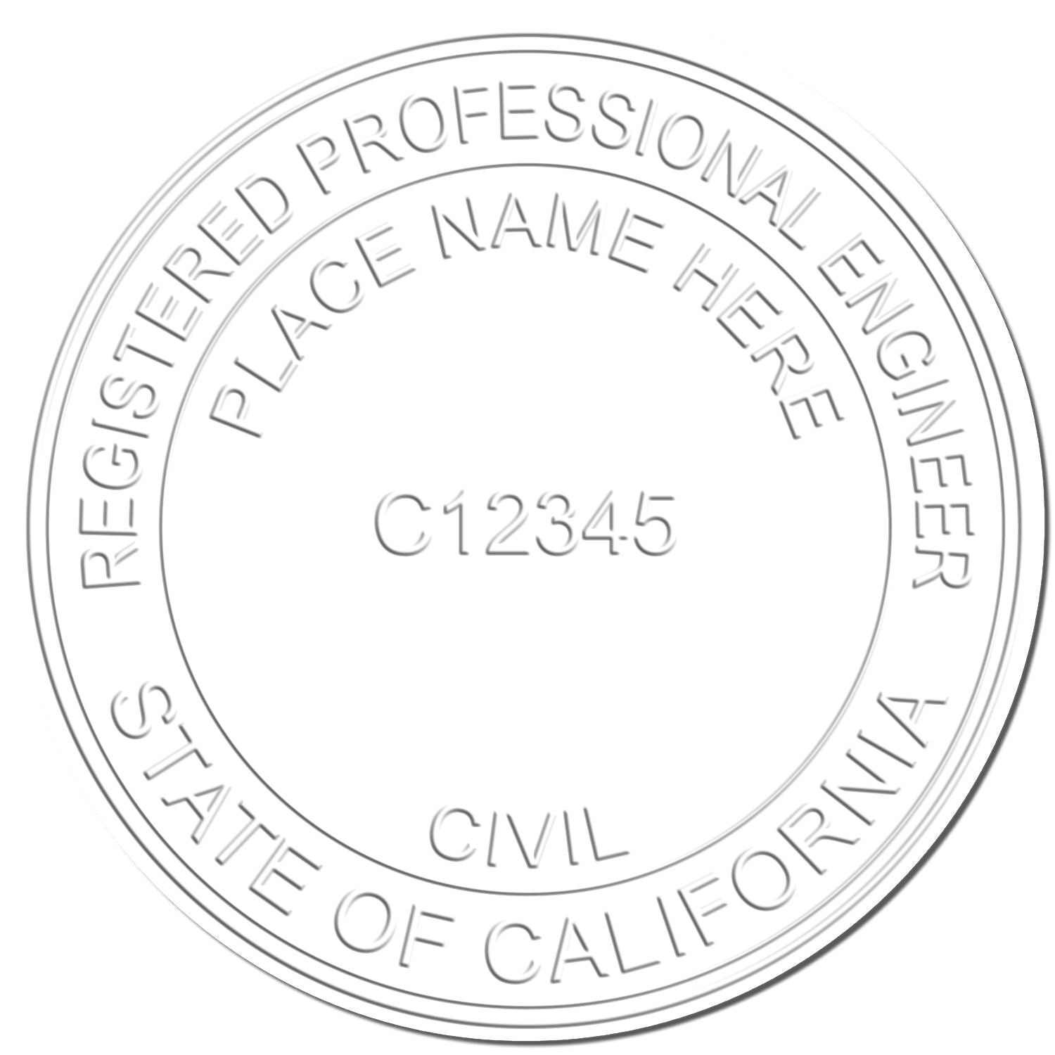 Image of an embossed seal with the text REGISTERED PROFESSIONAL ENGINEER, PLACE NAME HERE, C12345, CIVIL, and STATE OF CALIFORNIA, created using the Professional Engineer Red Soft Seal Embosser.