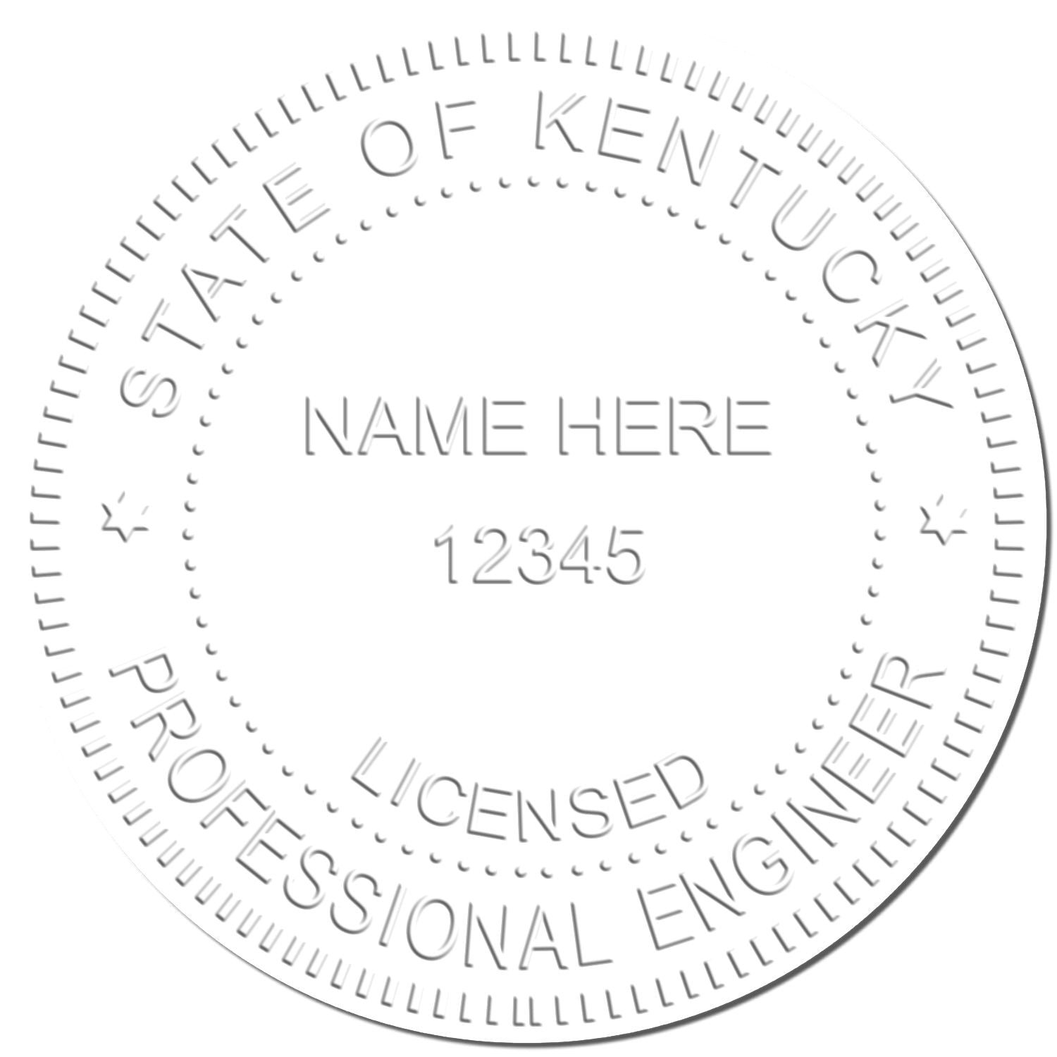 Image of a white embossed seal with the text STATE OF KENTUCKY LICENSED PROFESSIONAL ENGINEER and placeholders for NAME HERE and 12345. This is a sample from the Professional Engineer Soft Seal Embosser.