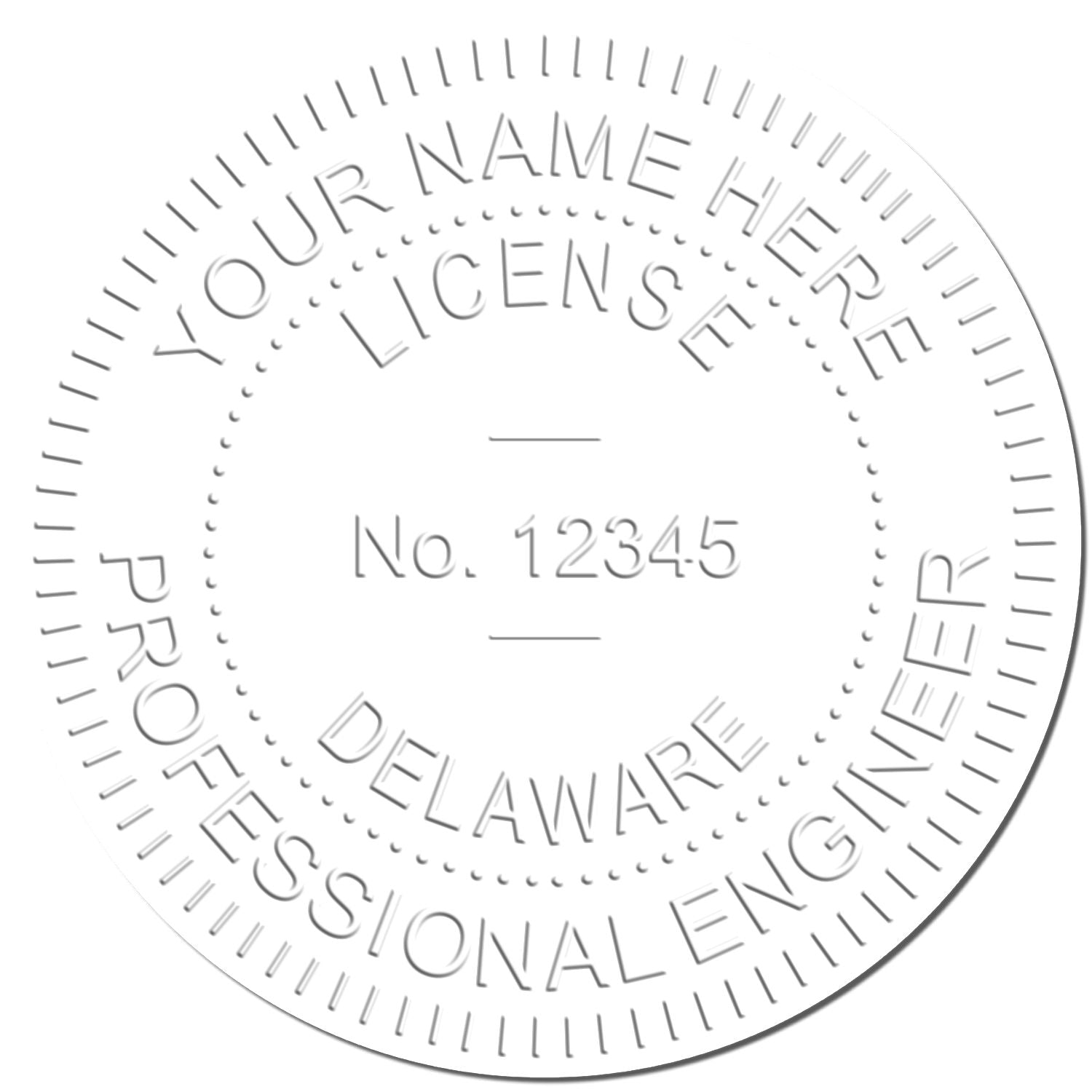 Image of an embossed seal with the text YOUR NAME HERE, LICENSE, No. 12345, DELAWARE, PROFESSIONAL ENGINEER. The seal is created using the Professional Engineer Pink Gift Seal Embosser.